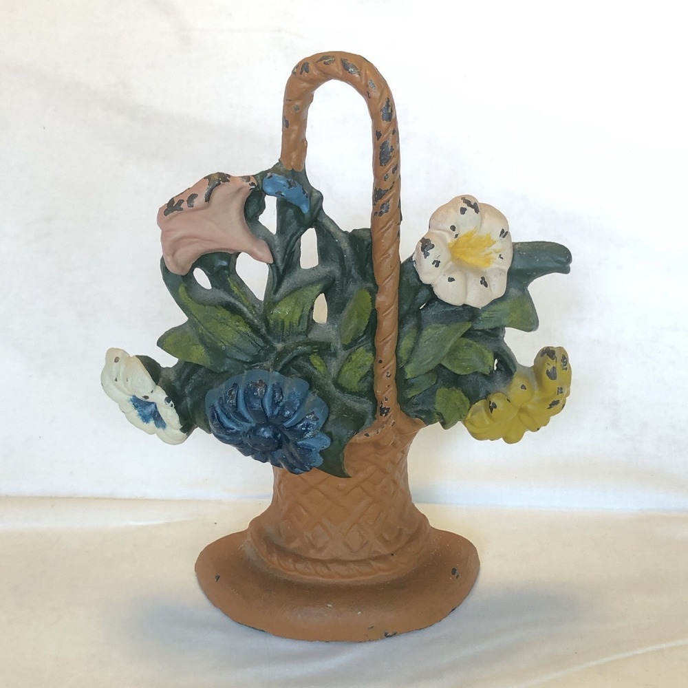 Vintage Hand Painted Cast Iron Flower Basket Door Stop. Beautiful
